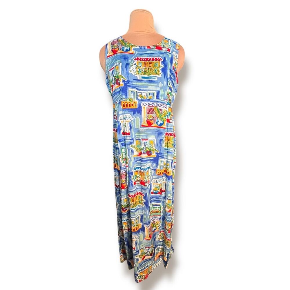 Vintage Window Print Maxi Dress Blue Mediterranean House Rayon Sleeveless Resort